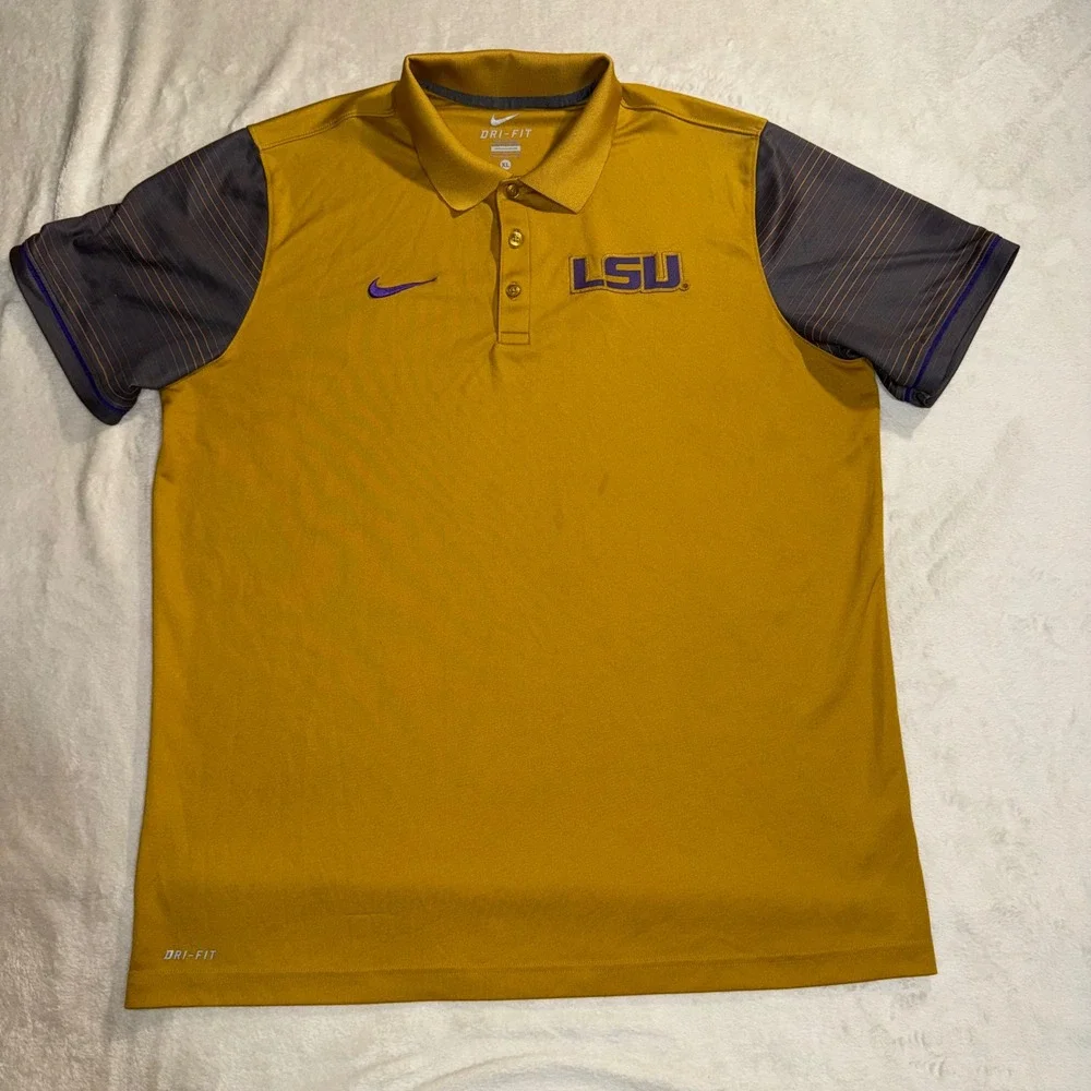 Nike Dri-FIT LSU Tigers Polo Shirt Mens XL Gold Grey Pinstripe Short Sleeve Logo